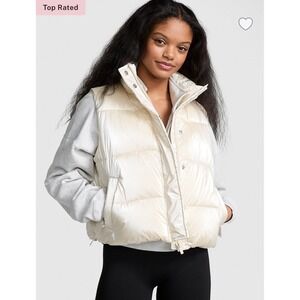 PINK‎ Victoria's Secret Puffer Vest Cropped Shiny Cream Full Zip XL Womens